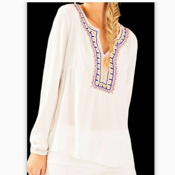 LILLY PULITZER DAHLE TUNIC RESORT WHITE NEON EMBROIDERY BID FRONT WOMEN SMALL - Picture 11 of 14
